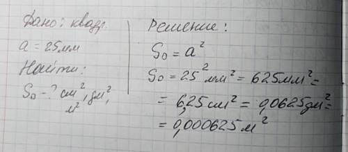 Надо иметься квадрат с длиной стороны, равной 25 мм. найдите площадь квадрата и выразите её в квадра