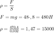 \rho= \dfrac{F}{S} \\ \\ F=mg = 48\cdot,8=480 H \\ \\ \ \rho = \frac{470,4}{0,032} = 1,47 = 15 000