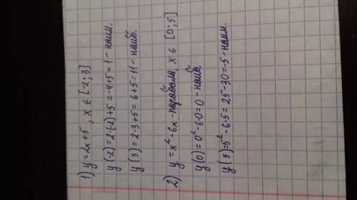 Найдите наибольшее и наименьшее значение функции 1) y=2x+5 на промежутке [-2; 3] 2) y=x^2-6x на пром