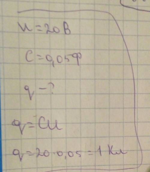 Напряжение между обкладками конденсации 20 вольт. электроемкость конденсации 0,05 ф. какой заряд ско