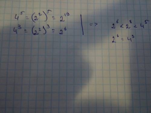 Сравните значения выражений: 4 в степени 5 : 4 в степени 3 и 2 в степени 8 : 2 в степени 6