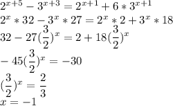 2^{x+5}-3^{x+3}=2^{x+1}+6*3^{x+1} \\ 2^x*32-3^x*27=2^x*2+3^x*18 \\ 32-27( \dfrac{3}{2})^x=2+18( \dfrac{3}{2})^x \\ -45( \dfrac{3}{2})^x=-30 \\ ( \dfrac{3}{2})^x= \dfrac{2}{3} \\ x=-1