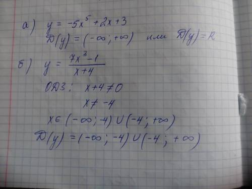 Найти облсть определение ! а ) y=-5x^5+2x+3 б) y=7x^3-1 делён x+4