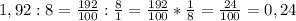 1,92:8=\frac{192}{100} :\frac{8}{1} =\frac{192}{100} *\frac{1}{8} =\frac{24}{100} =0,24