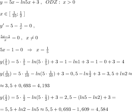 y=5x-ln5x+3\; ,\; \; ODZ:\; x0\\\\x\in [\; \frac{1}{10} ; \frac{1}{2}\; ]\\\\ y'=5- \frac{1}{x}=0\; ,\\\\ \frac{5x-1}{x}=0\; ,\; \; x\ne 0\\\\5x-1=0\; \; \Rightarrow \; \; x= \frac{1}{5}\\\\y( \frac{1}{5})=5\cdot \frac{1}{5}-ln(5\cdot \frac{1}{5})+3=1-ln1+3=1-0+3=4\\\\y( \frac{1}{10})=5\cdot \frac{1}{10}-ln(5\cdot \frac{1}{10})+3=0,5-ln \frac{1}{2}+3=3,5+ln2\approx \\\\\approx 3,5+0,693=4,193\\\\y( \frac{1}{2} )=5\cdot \frac{1}{2}-ln(5\cdot \frac{1}{2})+3=2,5-(ln5-ln2)+3=\\\\=5,5+ln2-ln5\approx5,5+0,693-1,609=4,584