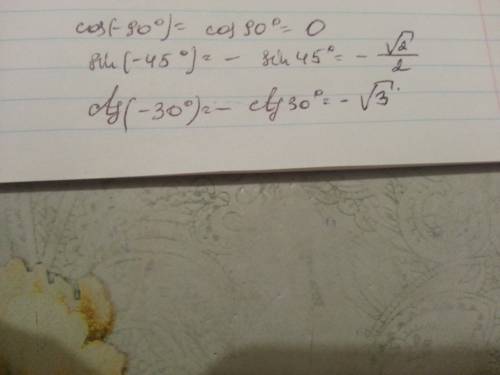 Найдите значения выражения: а) соs(-90°); б) sin(-45°); в) ctg(-30°).