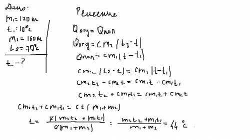 Решите : в ванне смешали 120 литров воды при температуре 10 градусов с со 160 литрами воды при темпе