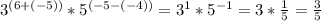 3^{(6+(-5))} * 5^{(-5-(-4))}= 3^{1} * 5^{-1} = 3* \frac{1}{5} = \frac{3}{5}