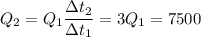 \displaystyle Q_2 = Q_1\frac{\Delta t_2}{\Delta t_1} = 3Q_1 = 7500