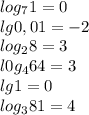 log_71=0\\lg0,01=-2\\log_28=3\\l0g_464=3\\lg1=0\\log_381=4