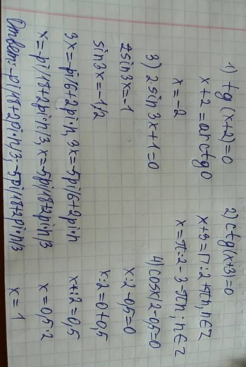 1)tg(x+2)=0 2)ctg(x+3)=0 3)2·sin3x+1=0 4)cosx\2-0,5=0