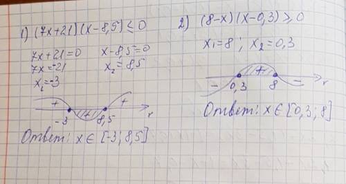 Решите неравенства (7x+21)(x-8,5)< =0 (8-x)(x-0,3)> =0