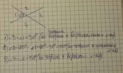 Один из углов которые при пересечении 2 прямых равен 30градуса чему равны остальные углы