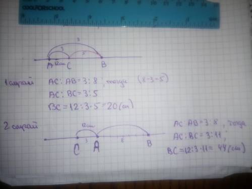 На прямой ab взята точка c так, что ac : ab = 3 : 8. чему может быть равна длина отрезка bc, если из