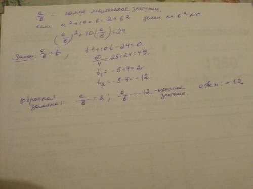 Найти самое маленькое значение примера a/b, если a^2+10ab=24b^2, b не равно нулю