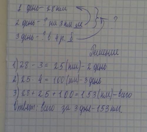Впервый день туристы км, во второй на 3 км меньше чем в первый ,а в третий день они проехали на поез