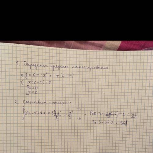 Вычислите площадь фигуры ограниченной линиями у=6x-x^2 у=0