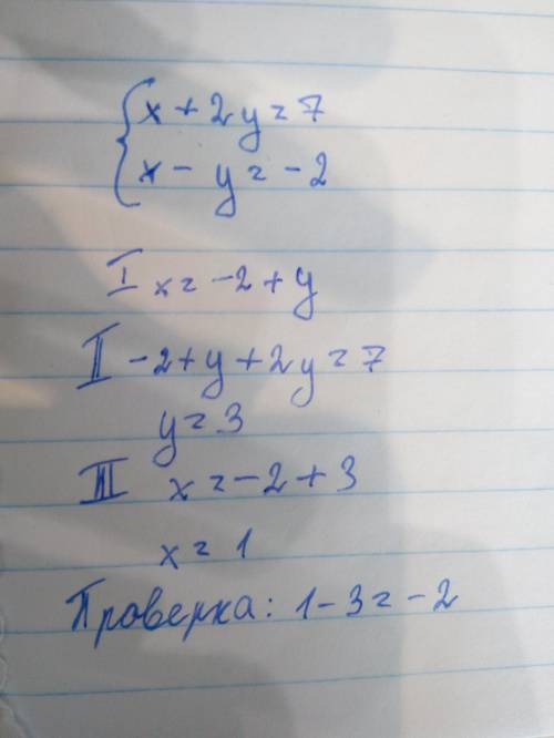 Розв'язати методом підстановки x+2y=7 x-y=-2​