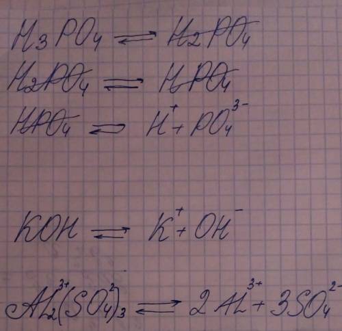 Напишите уравнения процессов диссоциации фосфорной кислоты, гидрокисда калия и скльфата алюминия