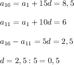 a_{16}=a_1+15d=8,5\\\\a_{11}=a_1+10d=6\\\\a_{16}-a_{11}=5d=2,5\\\\d=2,5:5=0,5