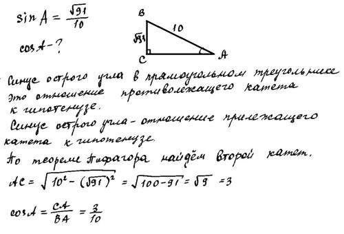 Синус острого угла а треугольника авс равен корню из 91 (дробная черта)10 найдите косинус а