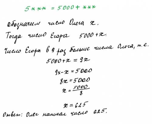 Олег написал трёхзначное число, егор приписал слева цифру 5 ,в итоге число егора в 9 раз больше олег