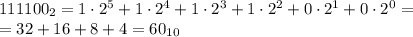 111100_2 = 1\cdot 2^5+1\cdot 2^4 + 1\cdot 2^3+ 1\cdot 2^2+ 0\cdot 2^1+ 0\cdot 2^0 = \\ = 32+16+8+4 = 60_{10}