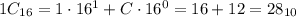 1C_{16}=1\cdot 16^1 + C \cdot 16^0 = 16 + 12 = 28_{10}