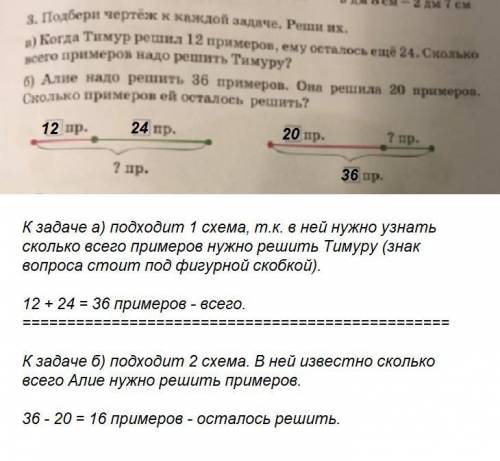 Подбери чертёж к каждой .реши их. а).когда тимур решил 12 примеров, ему осталось ещё 24.сколько всег