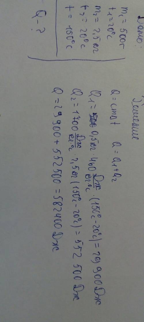 3. рассчитай количество теплоты, необходимое для нагревания железной кастрюли массой 500 г с 2,5 кг