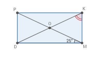80 в прямоугольнике pkmo диагонали пересекаются в точке o угол omd равен 25 градусов найти угол mko