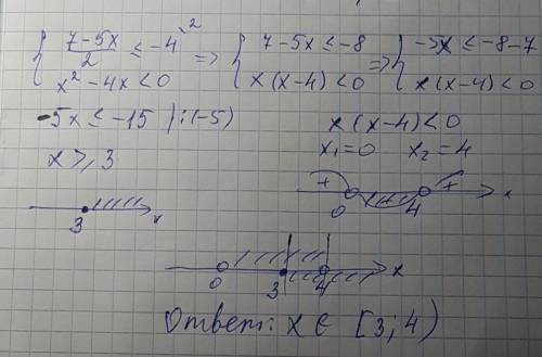 Решите систему неравенств: 7-5x/2 ≤ -4 x^2-4x < 0