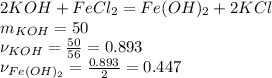 2KOH+FeCl_2=Fe(OH)_2+2KCl \\ m_{KOH}=50 \\ \nu_{KOH}= \frac{50}{56}=0.893 \\ \nu_{Fe(OH)_2}= \frac{0.893}{2}=0.447