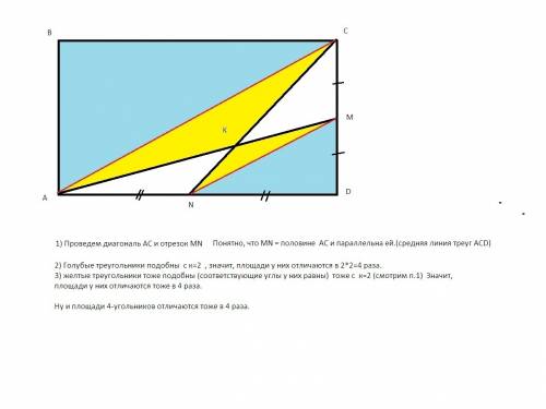 Впрямоугольнике abcd на стороне cd отметили середину m, и на стороне ad – середину n. отрезки cn и a