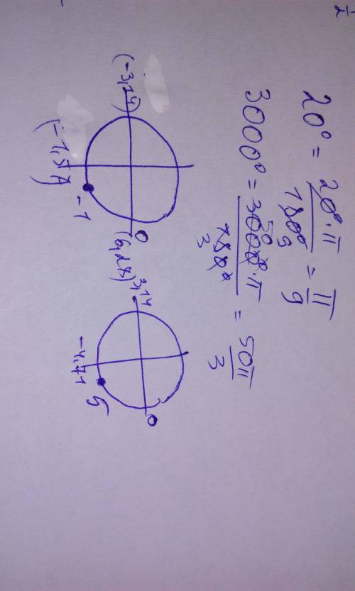 1) выразите в радианной мере величины углов: 20 градусов, 210 градусов, 3000 градусов 2) выразите в