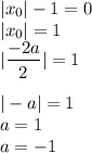 |x_0|-1=0 \\ |x_0|=1 \\ | \dfrac{-2a}{2}|=1 \\ \\ |-a|=1 \\ a=1 \\ a=-1