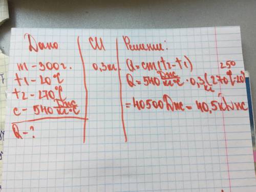 Какое количество теплоты необходимо для нагревания чугунной сковородки массой 300г от 20 до 270°c? а