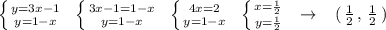 \left \{ {{y=3x-1} \atop {y=1-x}} \right.\; \; \left \{ {{3x-1=1-x} \atop {y=1-x}} \right. \; \; \left \{ {{4x=2} \atop {y=1-x}} \right.\; \; \left \{ {{x=\frac{1}{2}} \atop {y=\frac{1}{2}}} \right. \; \; \to \; \; \; (\, \frac{1}{2}\, ,\, \frac{1}{2}\, )