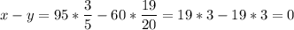 x-y=95* \dfrac{3}{5}-60* \dfrac{19}{20}=19*3-19*3=0