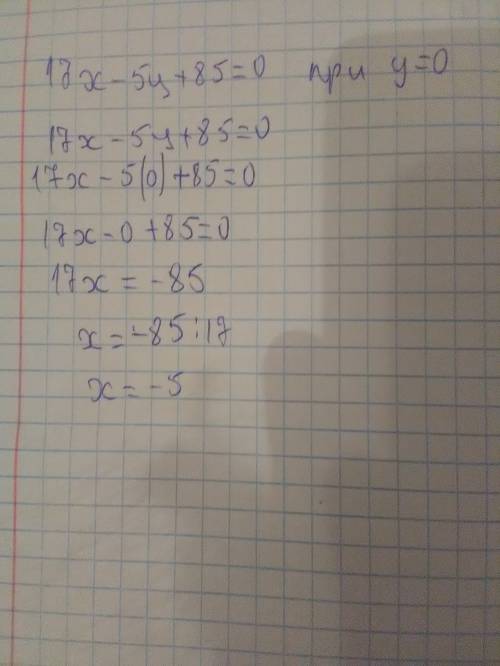 Тут такое уравнение 17x-5y+85=0 y=0 объясните откуда получилось x=-5