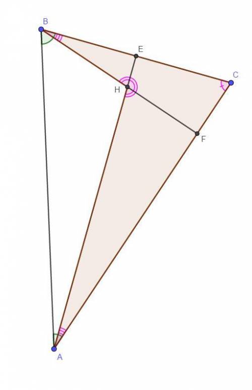 Втреугольнике авс известно, что угол а равен 36 градусов, угол в 72 градуса. высоты ае и bf треуголь