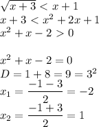 \sqrt{x+3} \ \textless \ x+1 \\ x+3\ \textless \ x^2+2x+1 \\ x^2+x-2\ \textgreater \ 0 \\ \\ x^2+x-2=0\\ D=1+8=9=3^2 \\ x_1= \dfrac{-1-3}{2}=-2 \\ x_2= \dfrac{-1+3}{2}=1