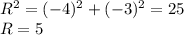 R^2=(-4)^2+(-3)^2=25\\R=5