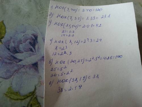 Заполните пропуск 1) нок (3,40)=? 2) нок (7,33)=? 3) нок (21,14)=? 4) нок (8,12)=? 5) нок (20,25)=?