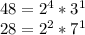 48= 2^{4} *3^{1} \\ 28= 2^{2} *7^{1}