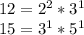 12= 2^{2} * 3^{1} \\ 15= 3^{1} * 5^{1}