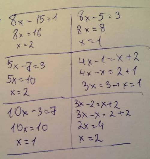 8х-15=1 5х-7=3 10х-3=7 8х-5=3 4х-1=х+2 3х-2=х+2