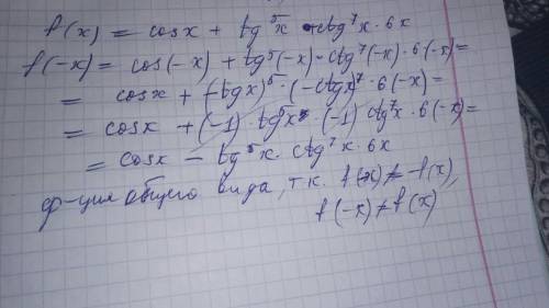 Исследуйте на четность функцию f(x)=cosx+tg^5x×ctg^7×6x