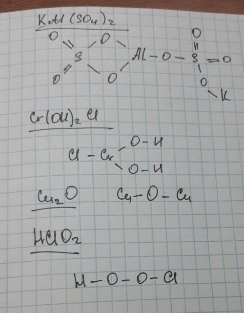 Написать графические формулы kal(so4)2 ,cr(oh)2cl ,cu2o,hclo2