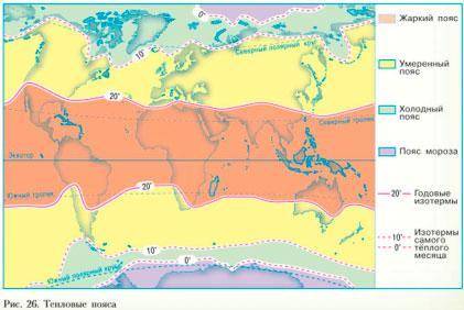 По карте тепловых поясов на рисунке 26 определите , как приходит среднегодовая изотерма °20c по терр